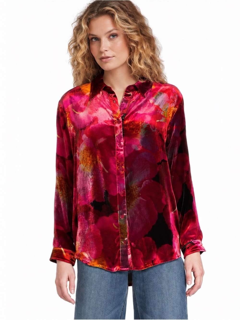 NWT Johnny Was Red Velvet Oversized Silk-Blend Shirt Sz XS